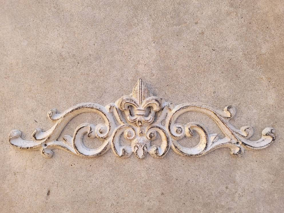 Fleur De Lis Topper Metal - PICK YOUR COLOR - 15.5"Wall Plaque Valance, Old World, Tuscan Metal Art, Cabinet Hardware, Kitchen, Bathroom