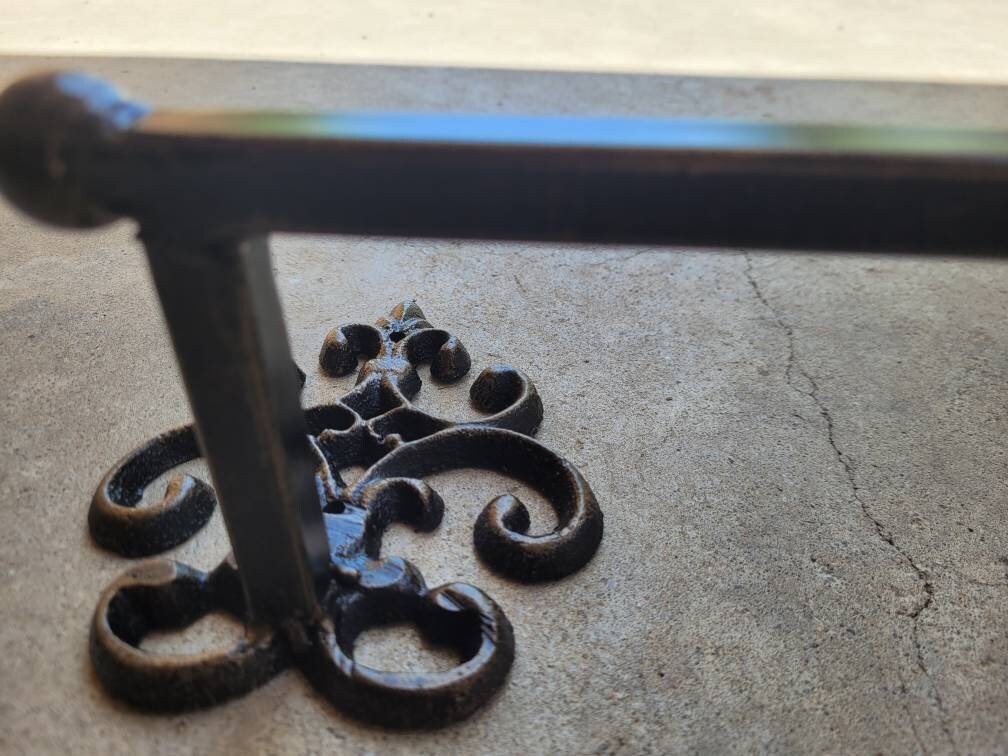 Metal Towel Bar with scroll medallions. Bathrooom fixture, hand painted and handmade. Iron Bath towel bar.