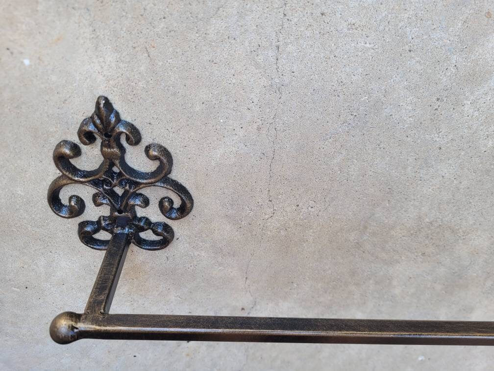 Metal Towel Bar with scroll medallions. Bathrooom fixture, hand painted and handmade. Iron Bath towel bar.
