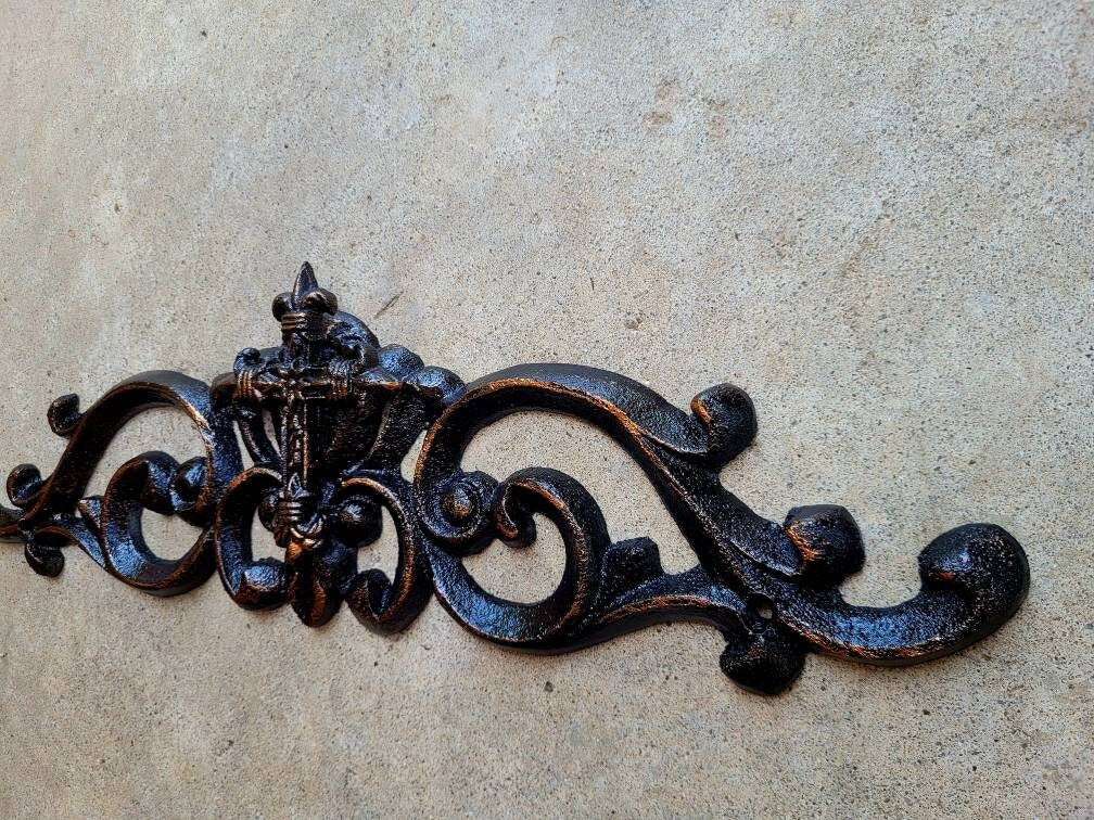 Fleur De Lis Cross Topper Metal - PICK YOUR COLOR - 15.5" Wall Plaque, over picture decor Metal Art, Cabinet Hardware, Kitchen, Bathroom