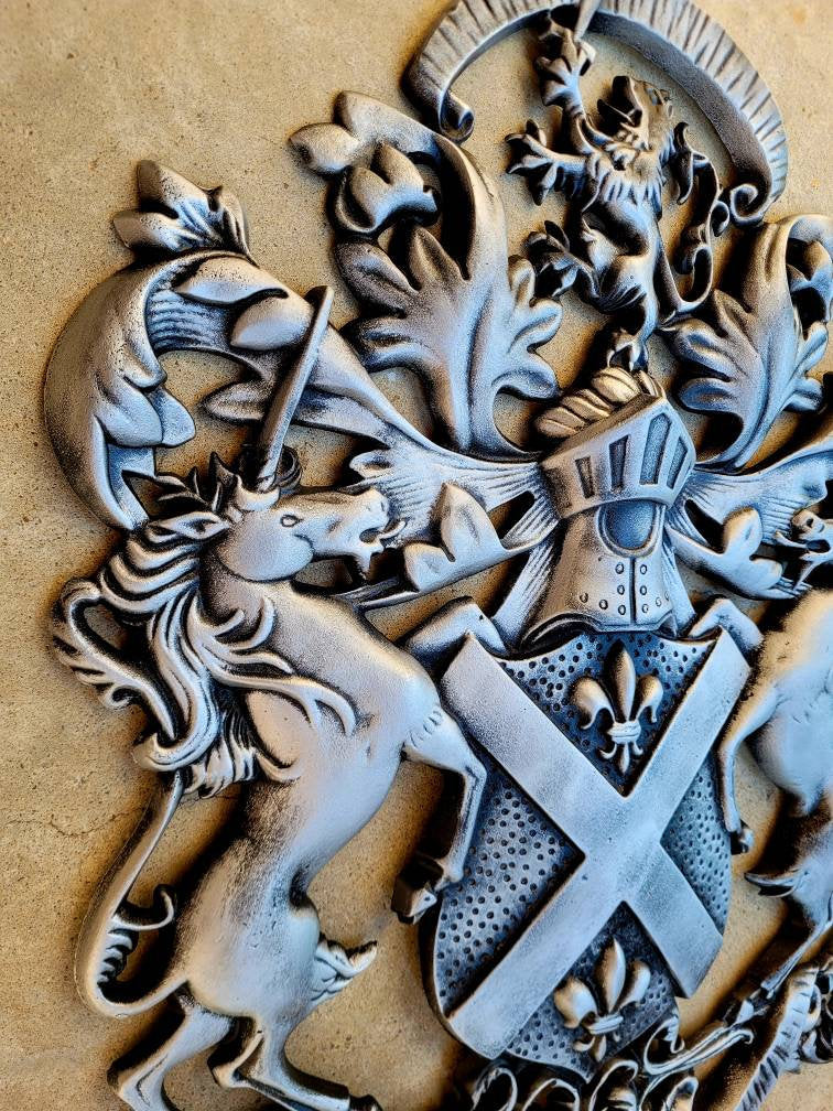 Coat of Arms Wall Plaque Family Crest Design Heraldry | PICK YOUR COLOR | Shield Decor Metal Art Unicorn Lion Fleur de Lis Queen King Royal