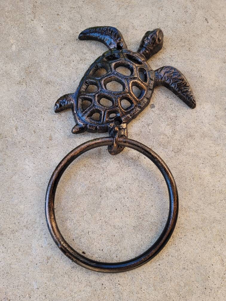 Sea Turtle Towel Ring, Bathroom Towel Hanger, Nature, Wall Hook, Beach home, lake house bath decor. Bathroom Iron Metal Hardware.