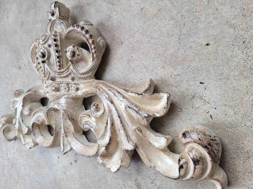 Crown Topper Pediment Art. Cross Fleur de Lis Decor, Scroll over door decor. Medieval Tuscan Old world wall hanging. Traditional Royalty