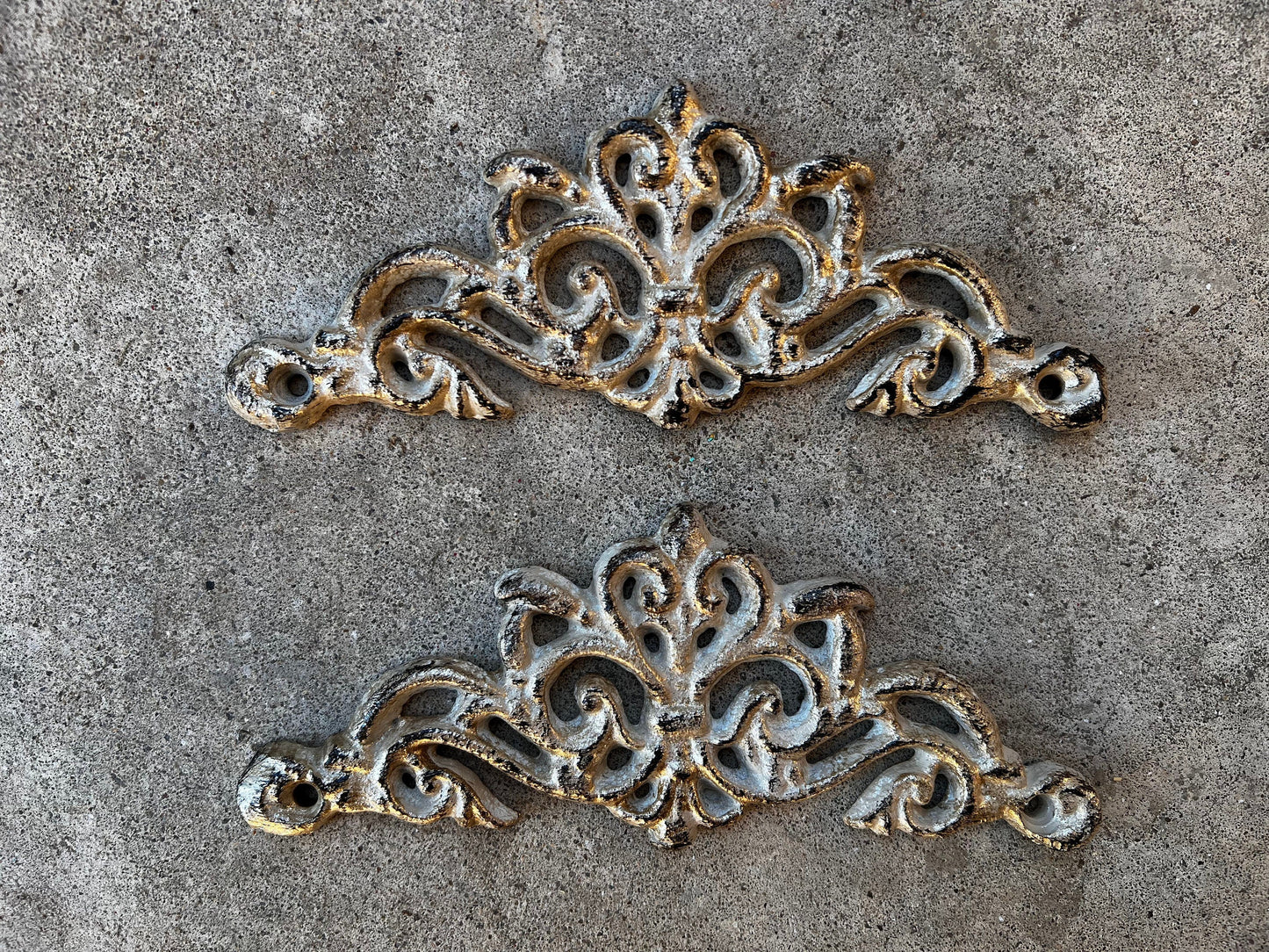 Two Cast Iron Scroll Toppers | PICK YOUR COLOR | Cabinet Hardware | Wall Plaques | Tuscan | Kitchen | Pediment | Bathroom