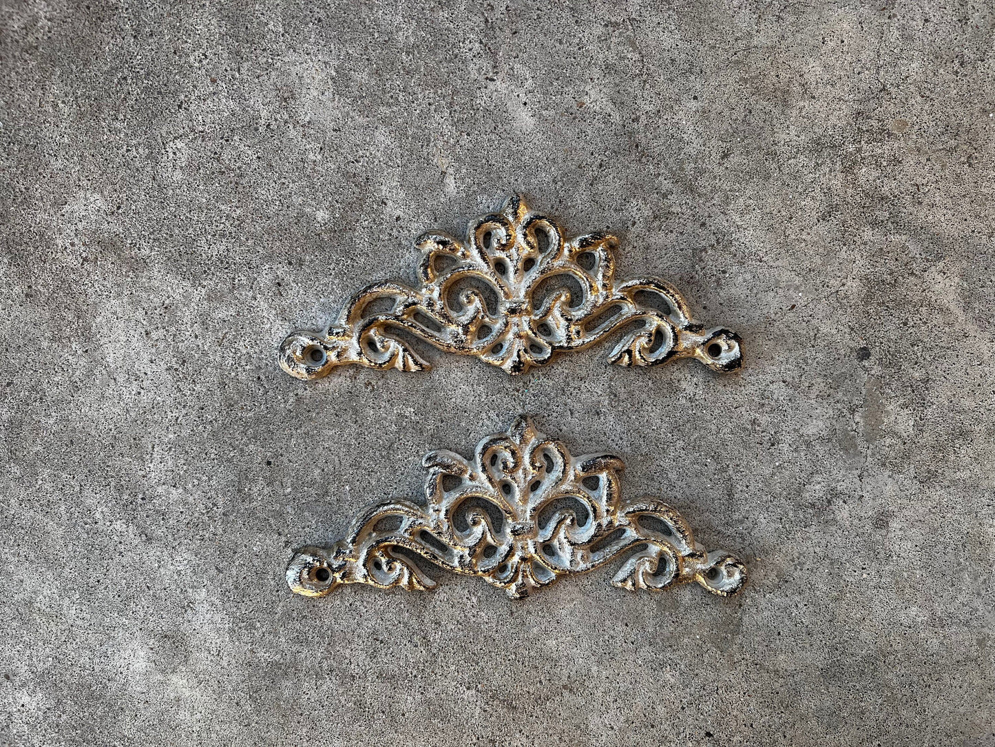 Two Cast Iron Scroll Toppers | PICK YOUR COLOR | Cabinet Hardware | Wall Plaques | Tuscan | Kitchen | Pediment | Bathroom