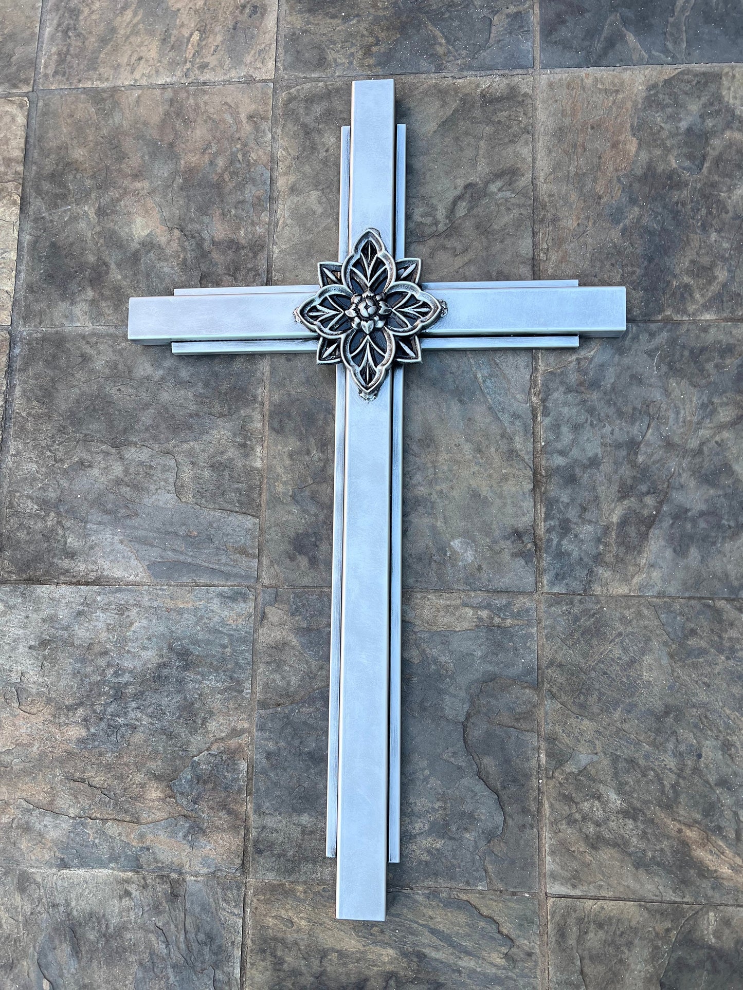 Large Silver Iron Wall Cross. Handmade and hand painted. 36 inches tall.