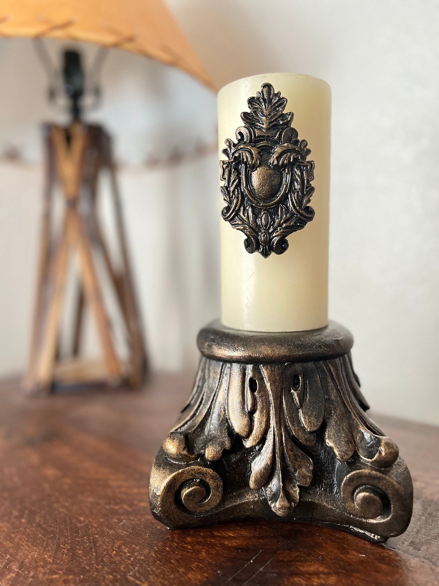 Two Shield candle pins for Pillar Candles - PICK YOUR COLOR - Old World, French Country, Tuscan, Medieval, Gothic decor.