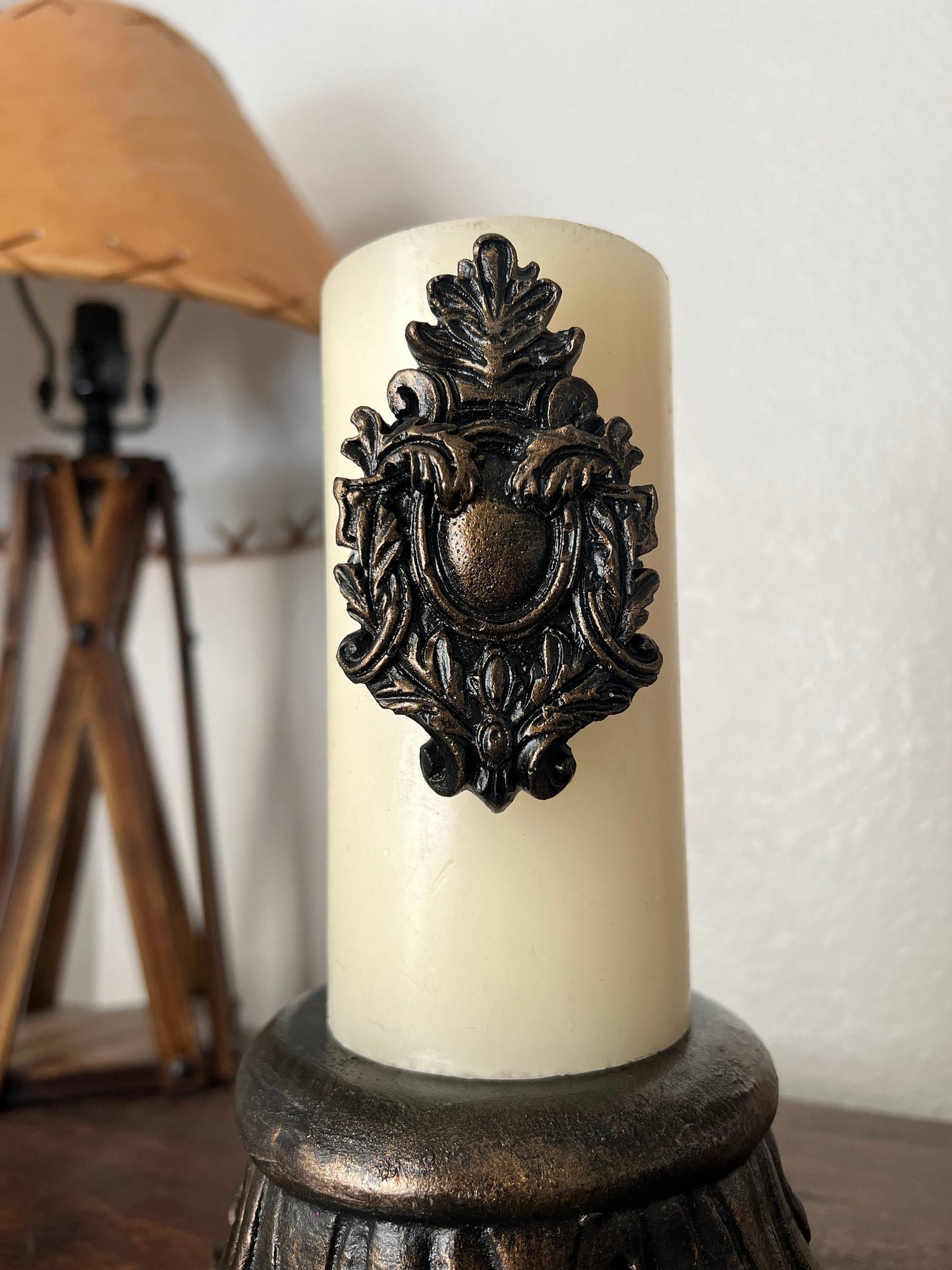 Two Shield candle pins for Pillar Candles - PICK YOUR COLOR - Old World, French Country, Tuscan, Medieval, Gothic decor.