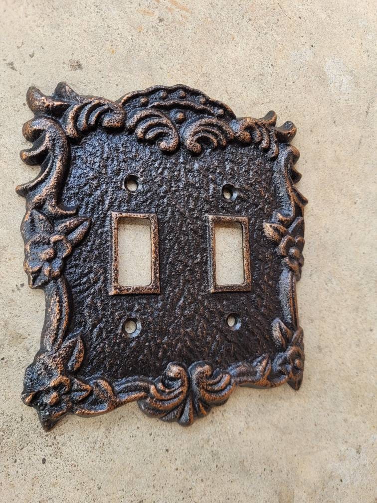Ornate Double Toggle Light Switch Plate, PICK YOUR COLOR, Bathroom Wall Decor. Two Toggle Cast Iron Switch Plate Cover for Rustic Home Decor