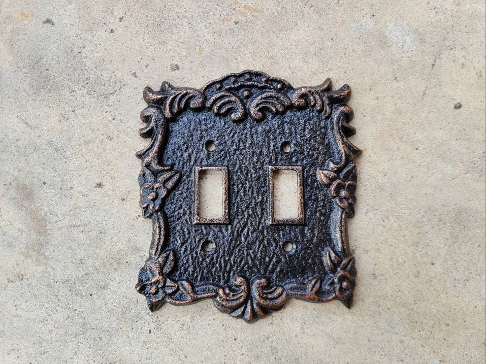 Ornate Double Toggle Light Switch Plate, PICK YOUR COLOR, Bathroom Wall Decor. Two Toggle Cast Iron Switch Plate Cover for Rustic Home Decor
