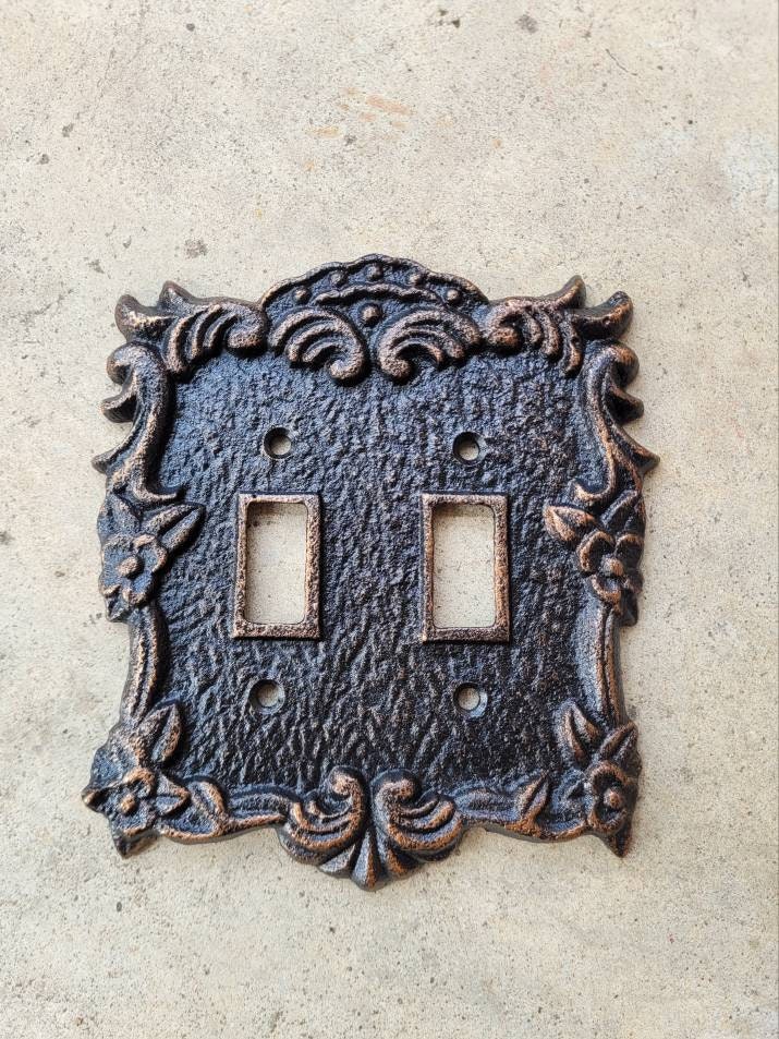 Ornate Double Toggle Light Switch Plate, PICK YOUR COLOR, Bathroom Wall Decor. Two Toggle Cast Iron Switch Plate Cover for Rustic Home Decor