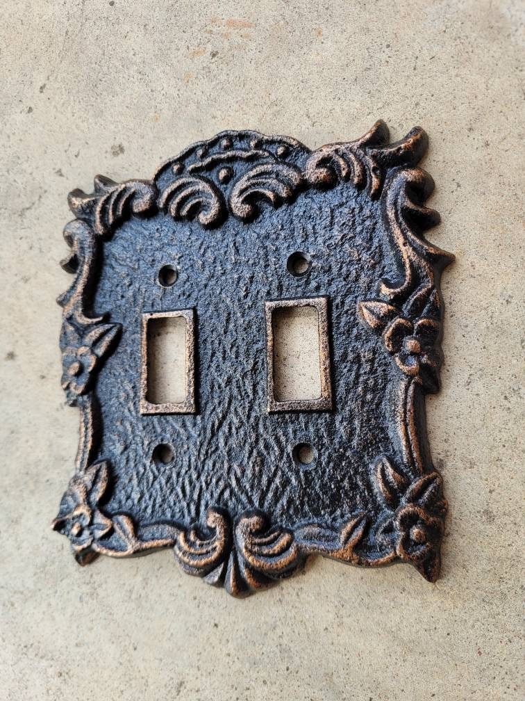 Ornate Double Toggle Light Switch Plate, PICK YOUR COLOR, Bathroom Wall Decor. Two Toggle Cast Iron Switch Plate Cover for Rustic Home Decor