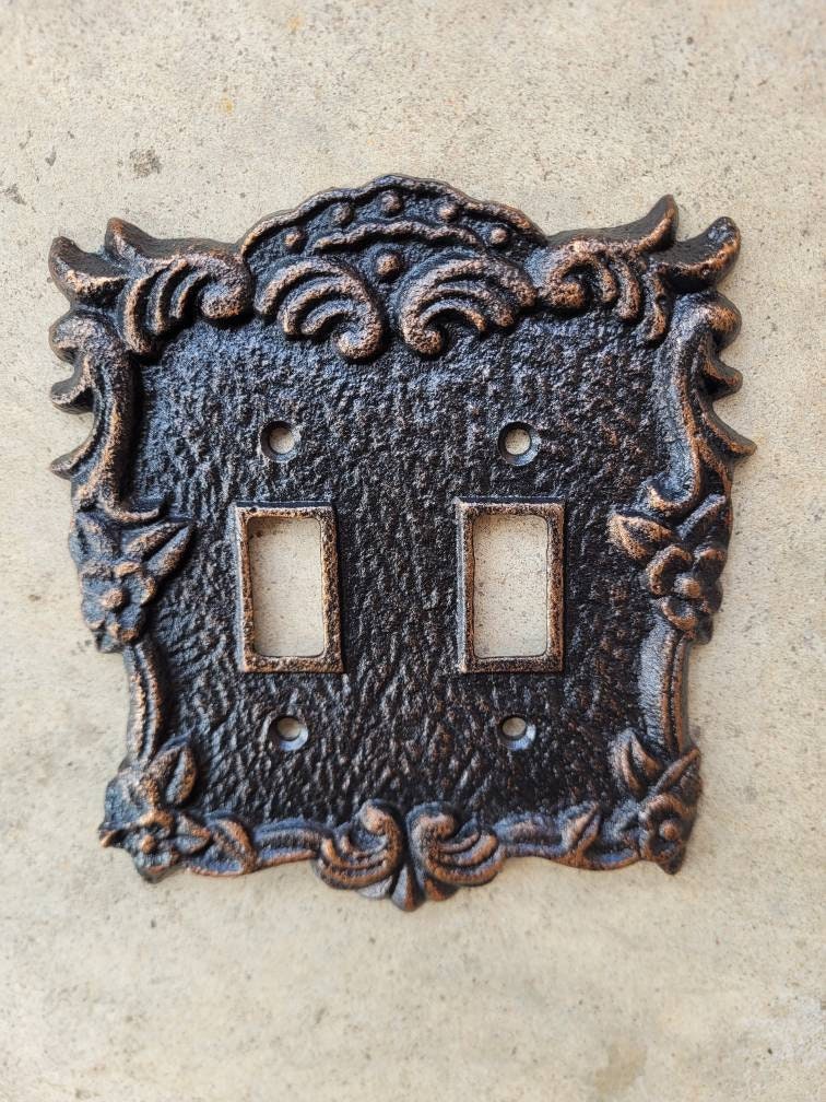Ornate Double Toggle Light Switch Plate, PICK YOUR COLOR, Bathroom Wall Decor. Two Toggle Cast Iron Switch Plate Cover for Rustic Home Decor
