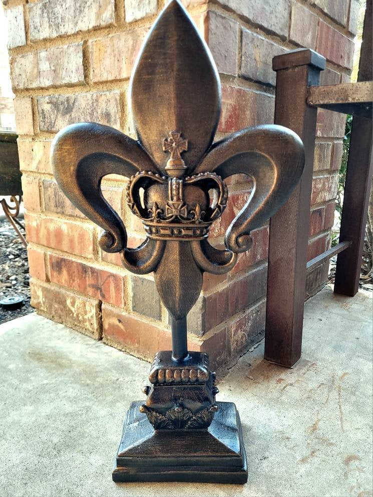 Fleur De Lis Tabletop Decorative Finial Ornament with Royal Crown Cross top. PICK YOUR COLOR. Handmade and Hand painted.