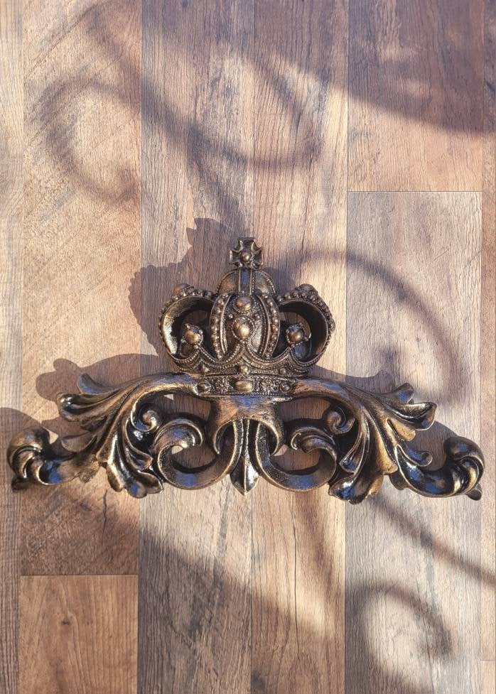 Crown Topper Pediment Art. Cross Fleur de Lis Decor, Scroll over door decor. Medieval Tuscan Old world wall hanging. Traditional Royalty