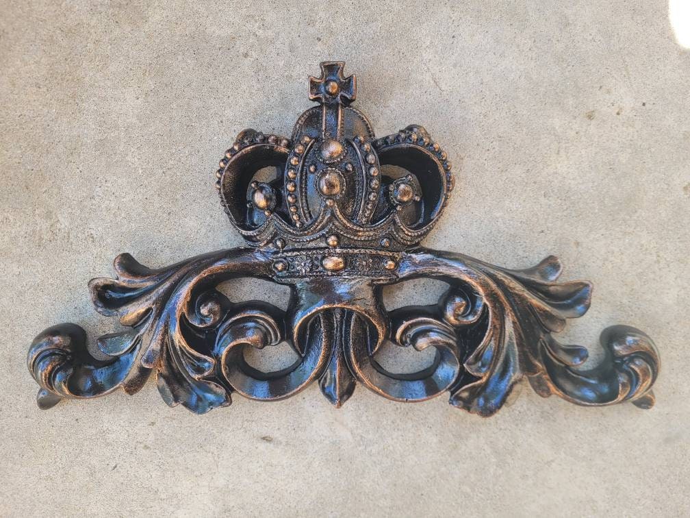 Crown Topper Pediment Art. Cross Fleur de Lis Decor, Scroll over door decor. Medieval Tuscan Old world wall hanging. Traditional Royalty