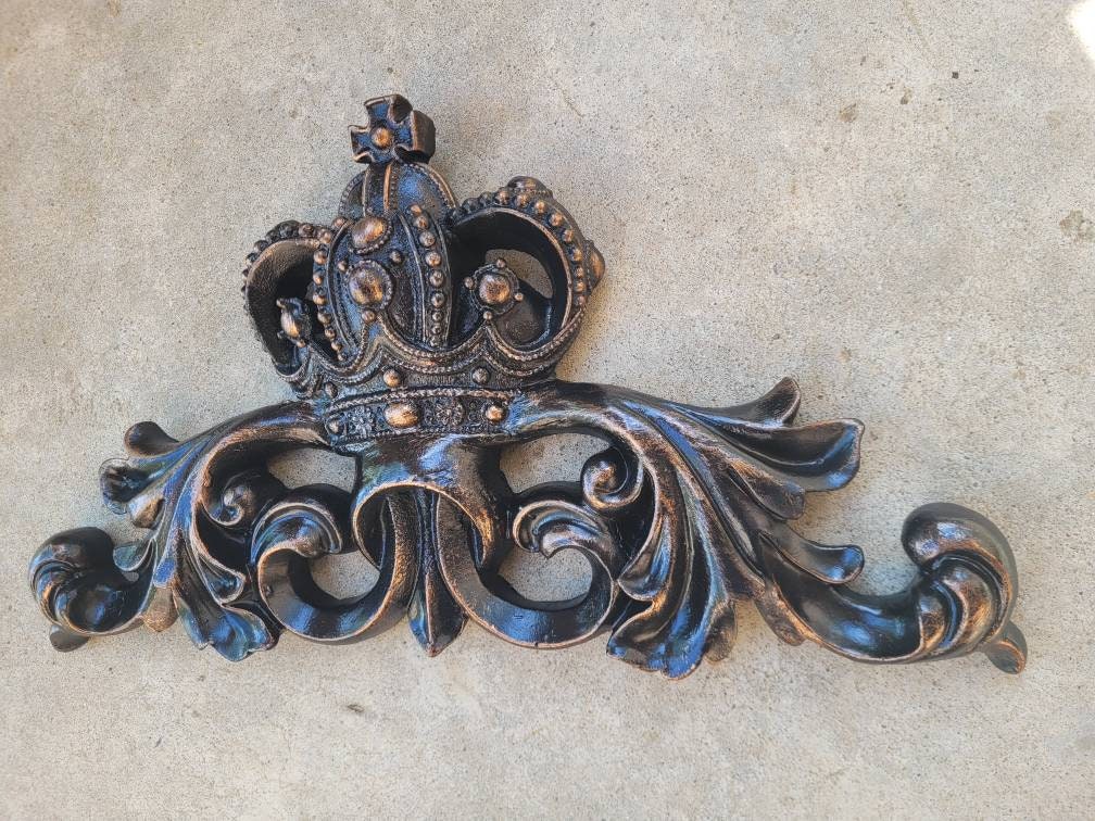 Crown Topper Pediment Art. Cross Fleur de Lis Decor, Scroll over door decor. Medieval Tuscan Old world wall hanging. Traditional Royalty