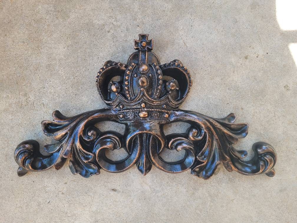 Crown Topper Pediment Art. Cross Fleur de Lis Decor, Scroll over door decor. Medieval Tuscan Old world wall hanging. Traditional Royalty
