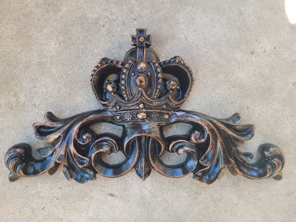 Crown Topper Pediment Art. Cross Fleur de Lis Decor, Scroll over door decor. Medieval Tuscan Old world wall hanging. Traditional Royalty
