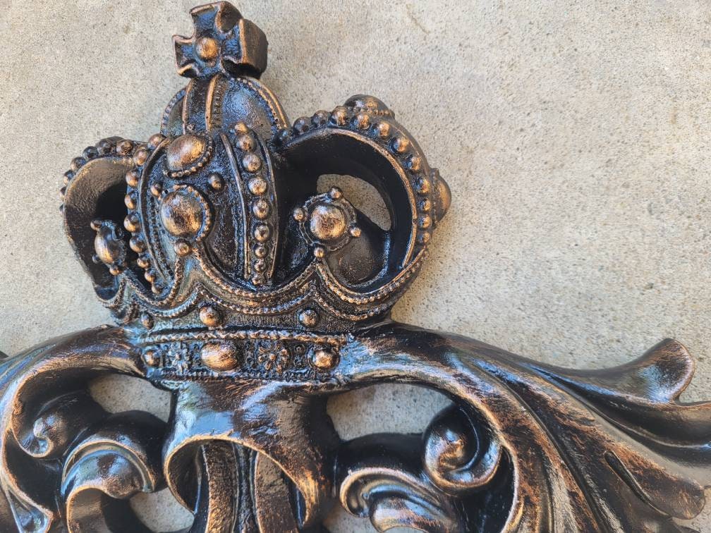 Crown Topper Pediment Art. Cross Fleur de Lis Decor, Scroll over door decor. Medieval Tuscan Old world wall hanging. Traditional Royalty