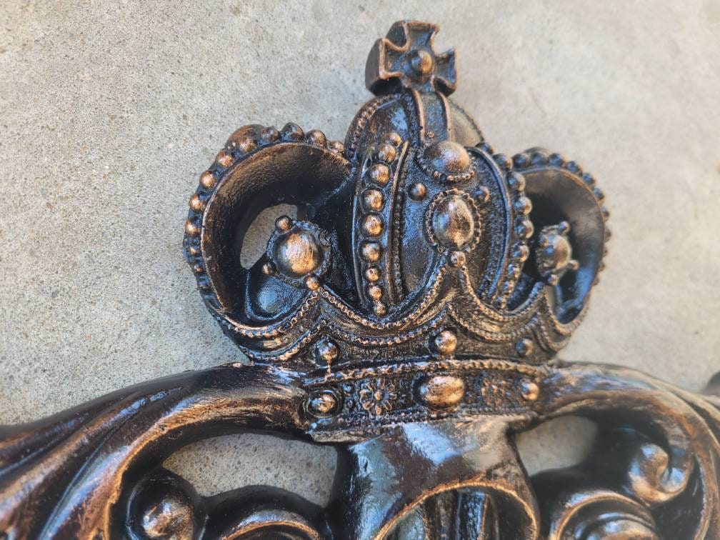 Crown Topper Pediment Art. Cross Fleur de Lis Decor, Scroll over door decor. Medieval Tuscan Old world wall hanging. Traditional Royalty