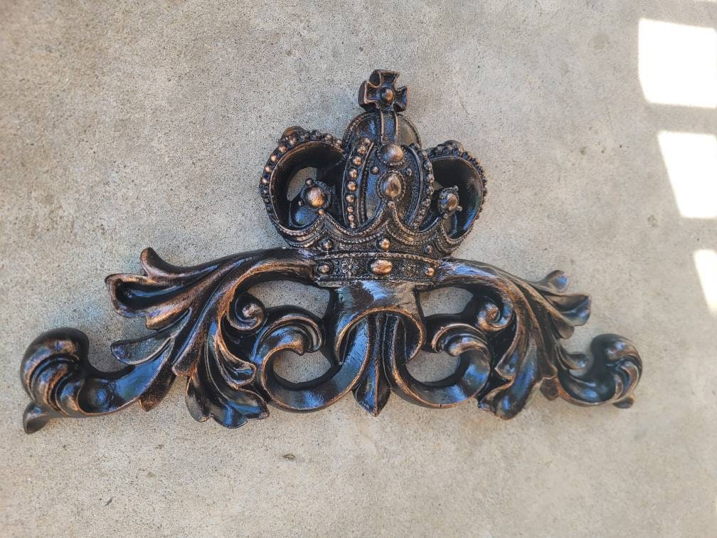 Crown Topper Pediment Art. Cross Fleur de Lis Decor, Scroll over door decor. Medieval Tuscan Old world wall hanging. Traditional Royalty