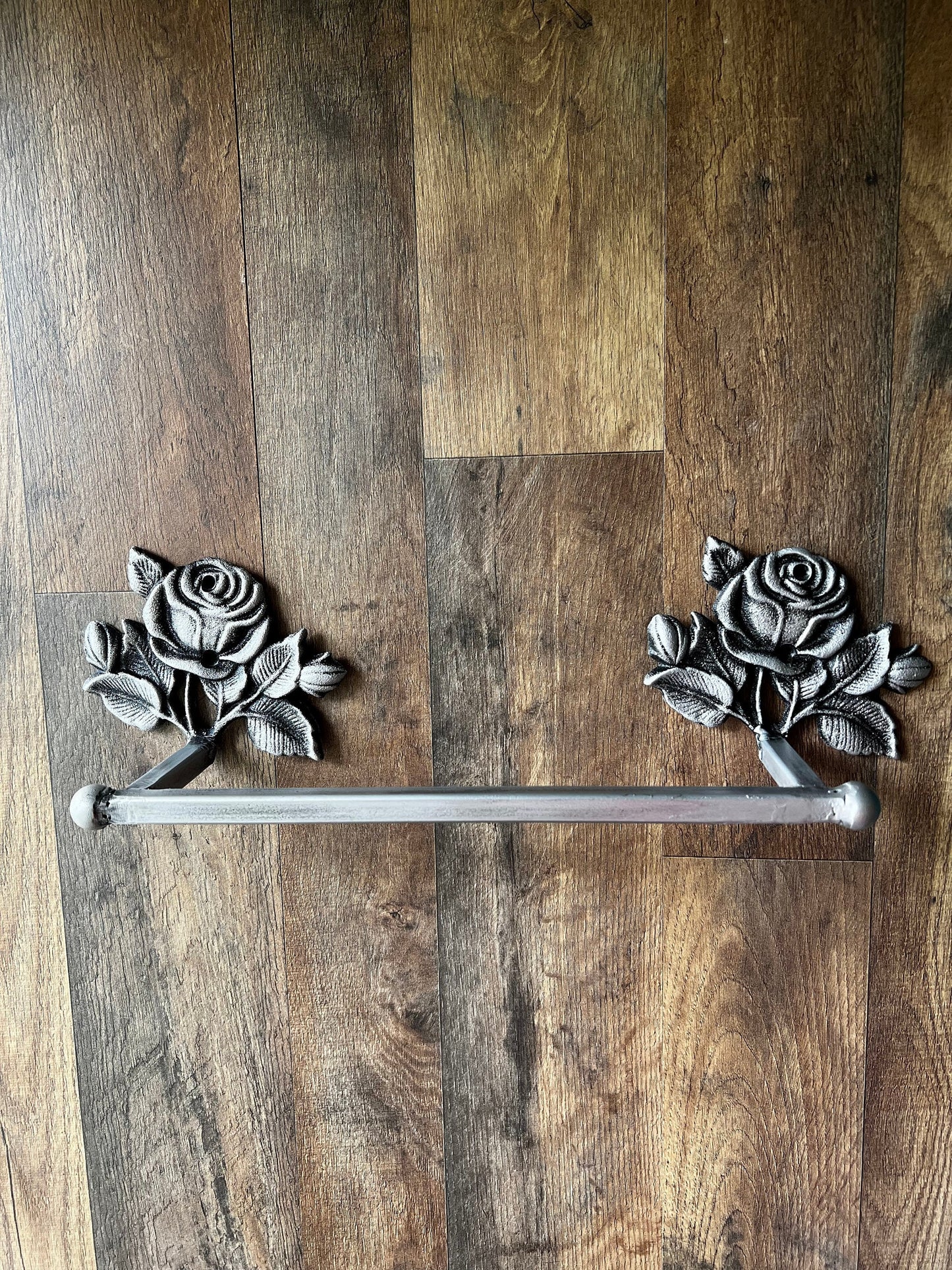 Metal Towel Bar with rose medallions. Bathroom fixture, hand painted and handmade. Iron Bath towel bar.