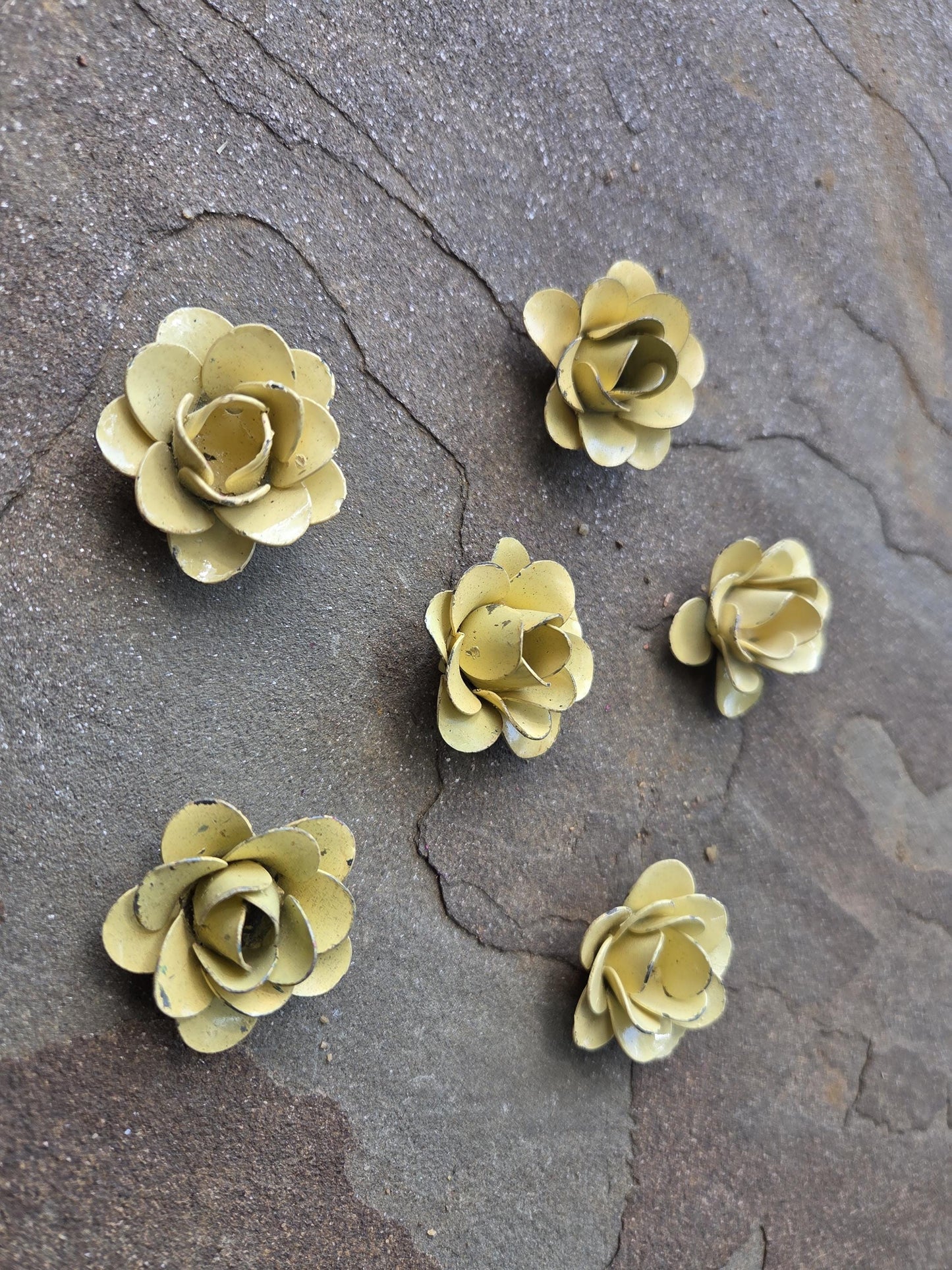 Mini Metal Roses | Set of 6 |  Rose | Rustic | Light Yellow  | Steel | FleurDeLisJunkie | Victorian | craft supplies for picture frames