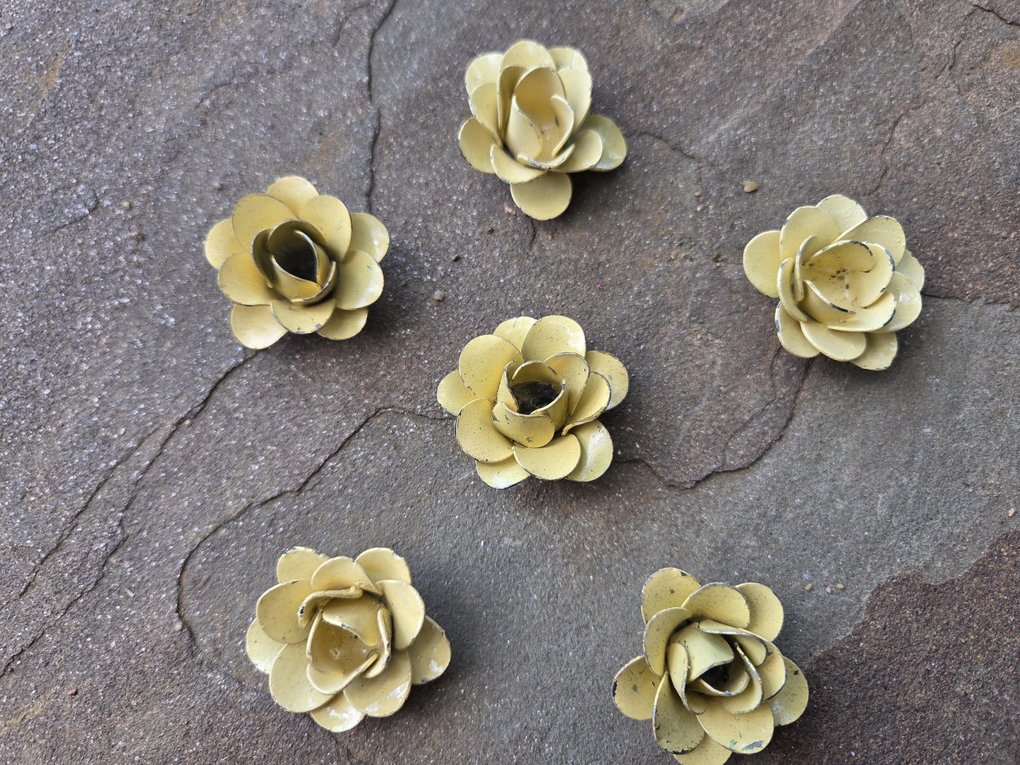 Mini Metal Roses | Set of 6 |  Rose | Rustic | Light Yellow  | Steel | FleurDeLisJunkie | Victorian | craft supplies for picture frames