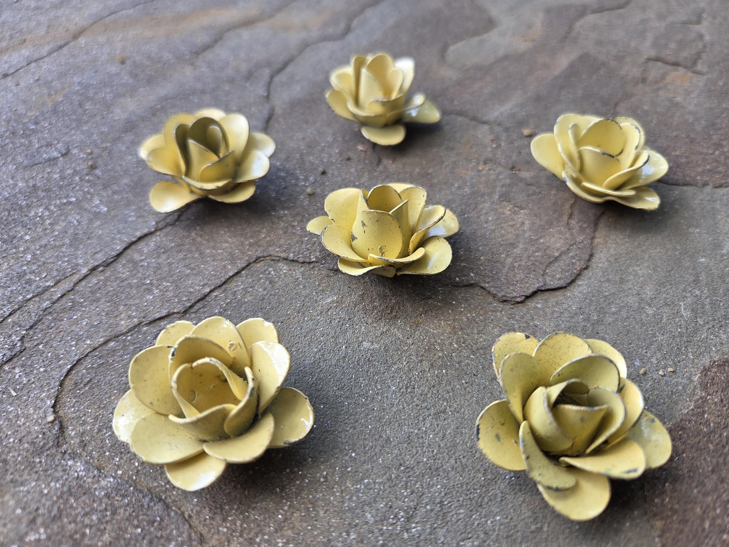Mini Metal Roses | Set of 6 |  Rose | Rustic | Light Yellow  | Steel | FleurDeLisJunkie | Victorian | craft supplies for picture frames