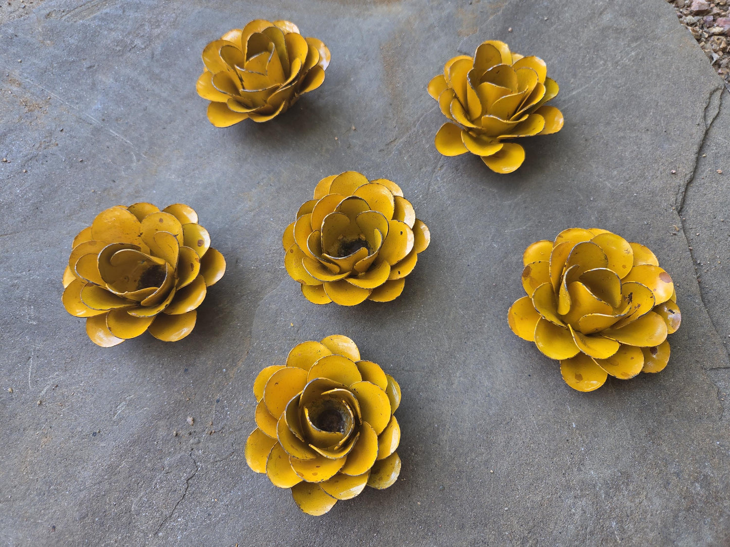 Set of 6 Metal Rusty Bright Yellow Roses