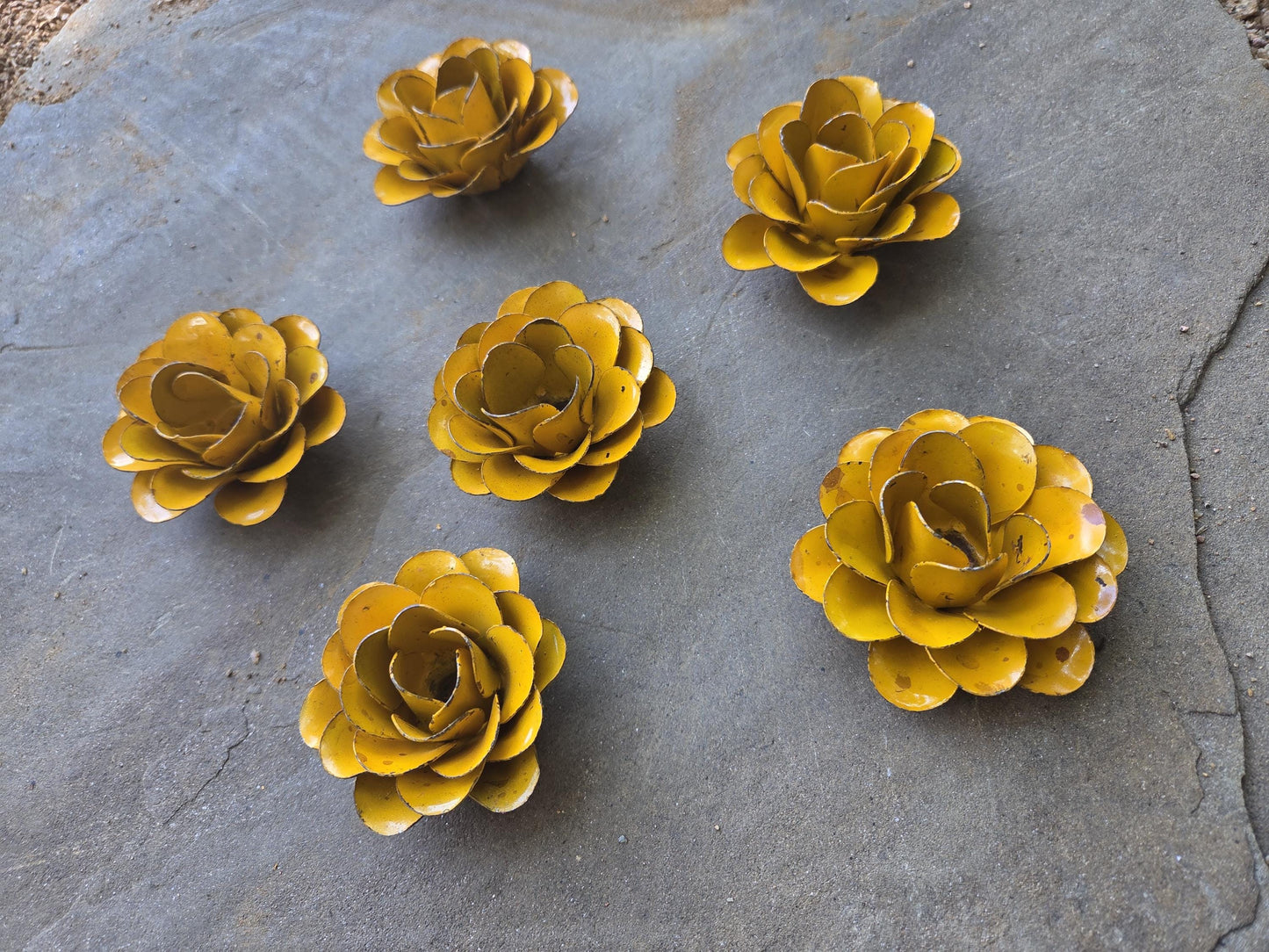 Set of 6 Metal Rusty Bright Yellow Roses