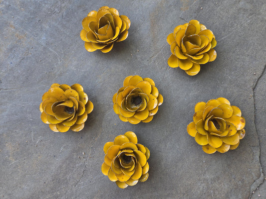 Set of 6 Metal Rusty Bright Yellow Roses