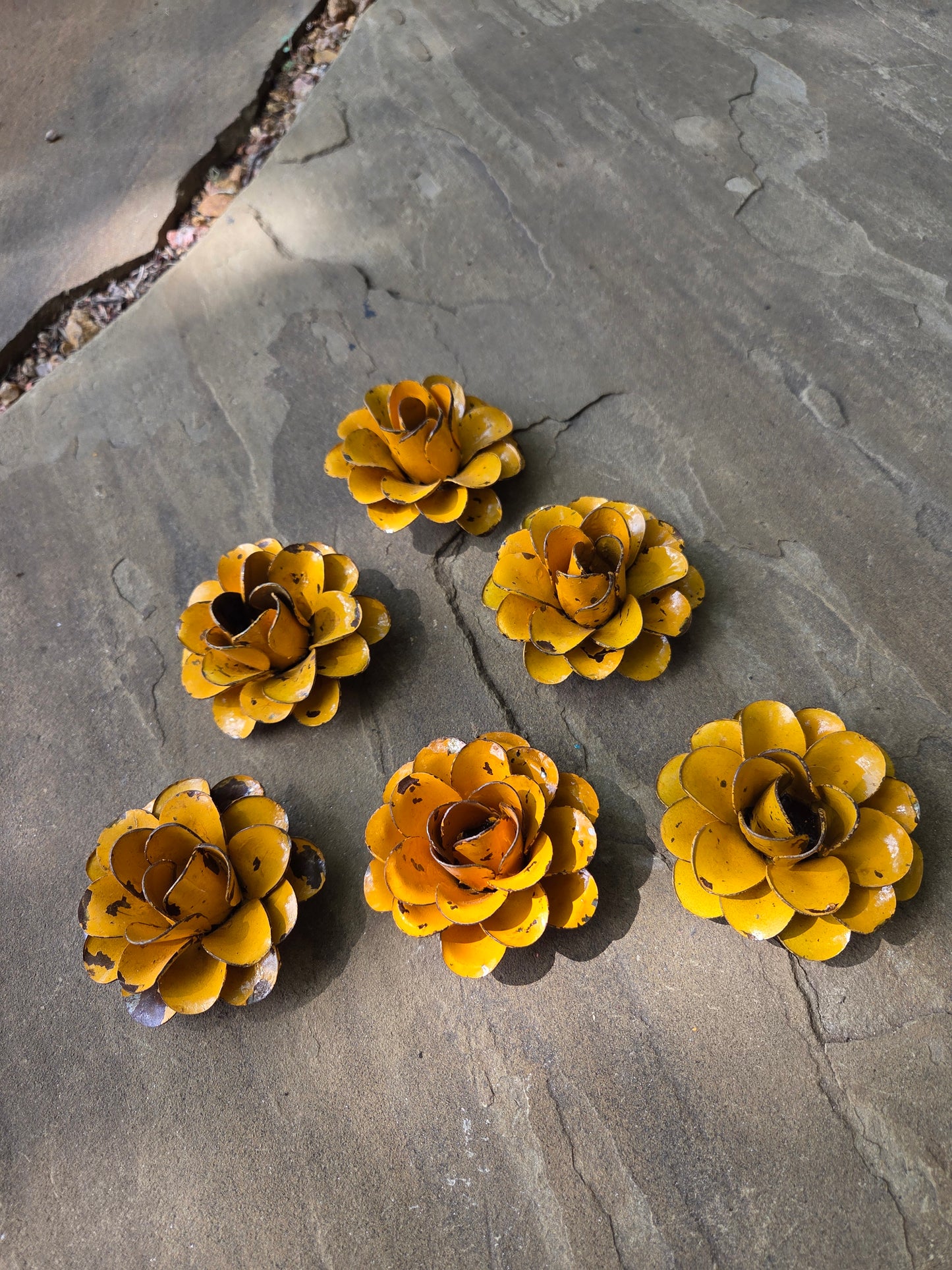 Set of 6 Metal Rusty Bright Yellow Roses