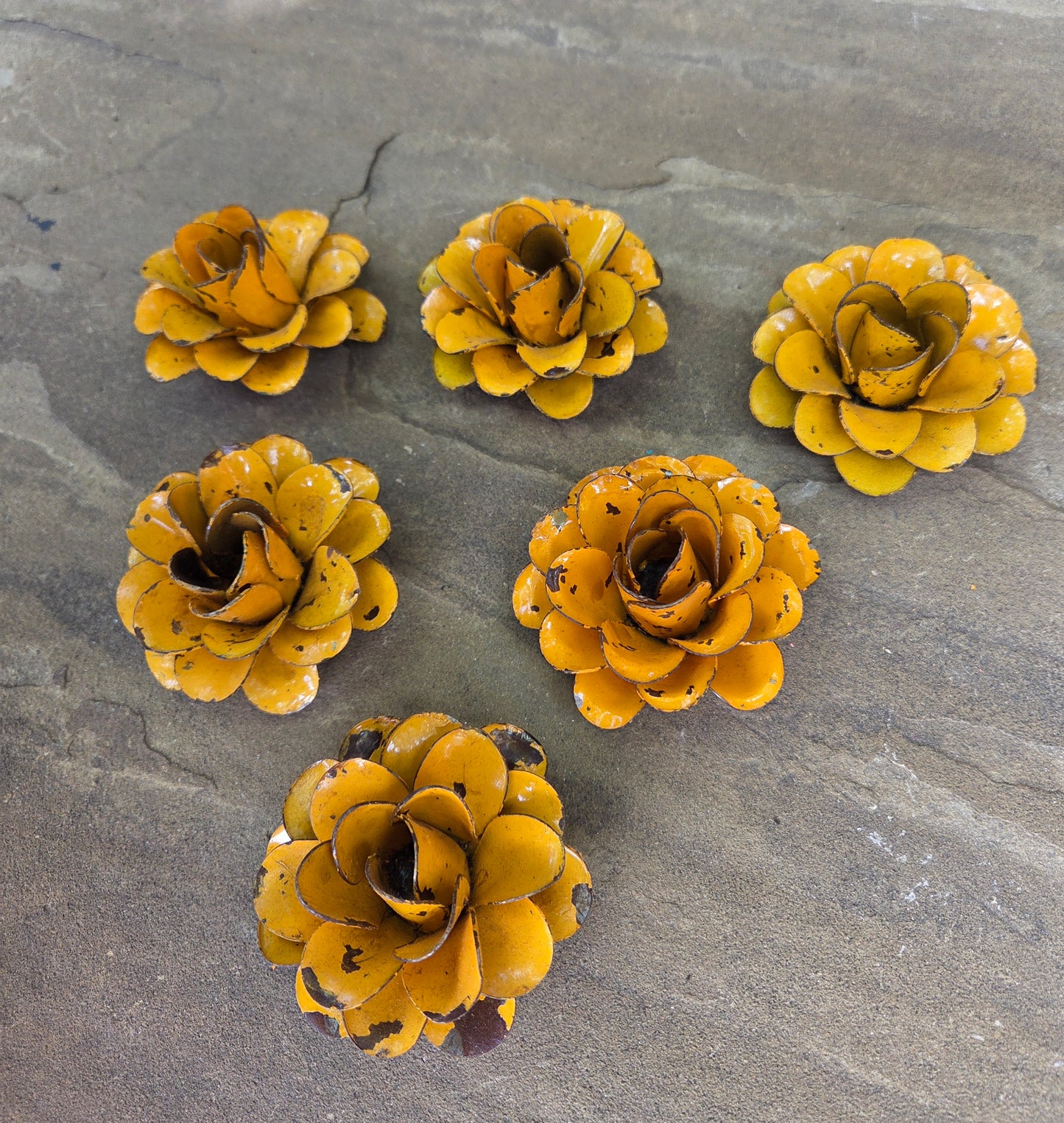 Set of 6 Metal Rusty Bright Yellow Roses