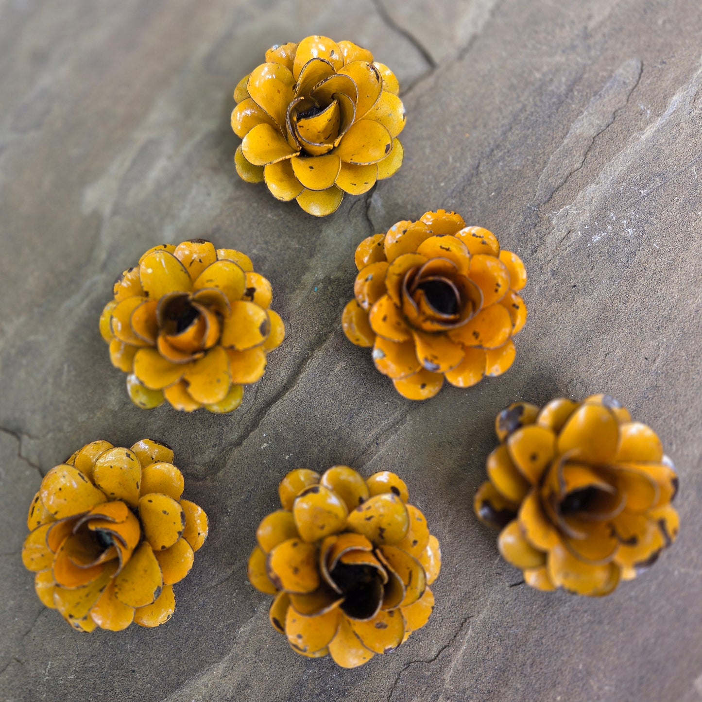 Set of 6 Metal Rusty Bright Yellow Roses