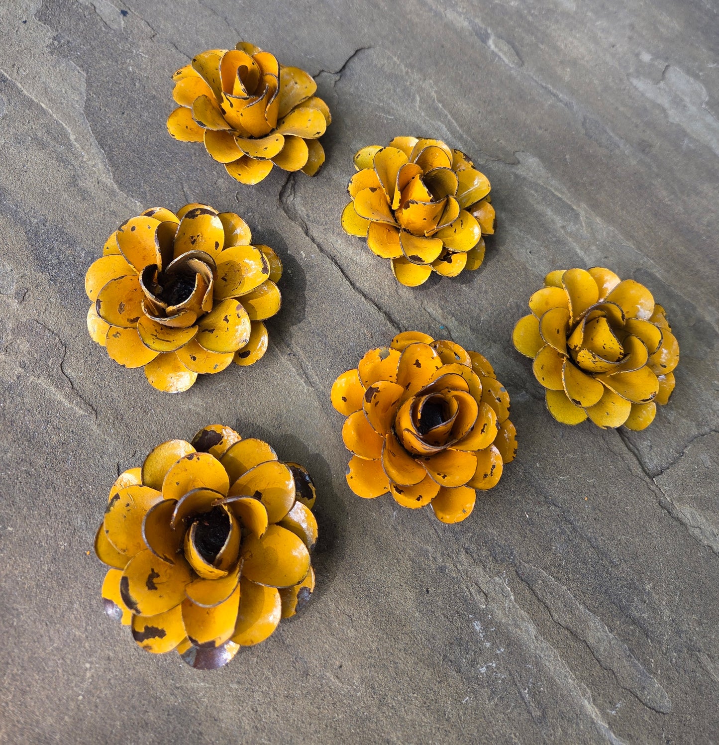 Set of 6 Metal Rusty Bright Yellow Roses