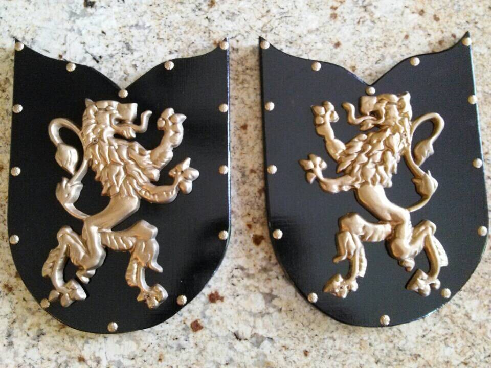 Set of 2 Wood Shield Medieval Wall Decor with Lion - FREE USA SHIPPING - Fleur de Lis, Cross, Old World, Plaque, Office, Gift, Study, Boss