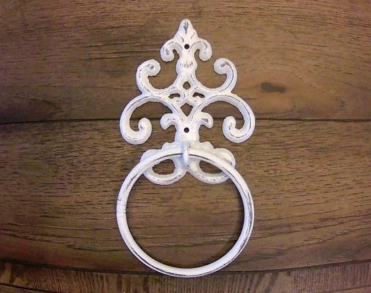 Shabby Chic Towel Ring | Fleur De Lis Hand Towel Ring | Cast Iron Towel Ring | White Towel Hanger | Shabby Chic Bathroom | Fleurdelisjunkie