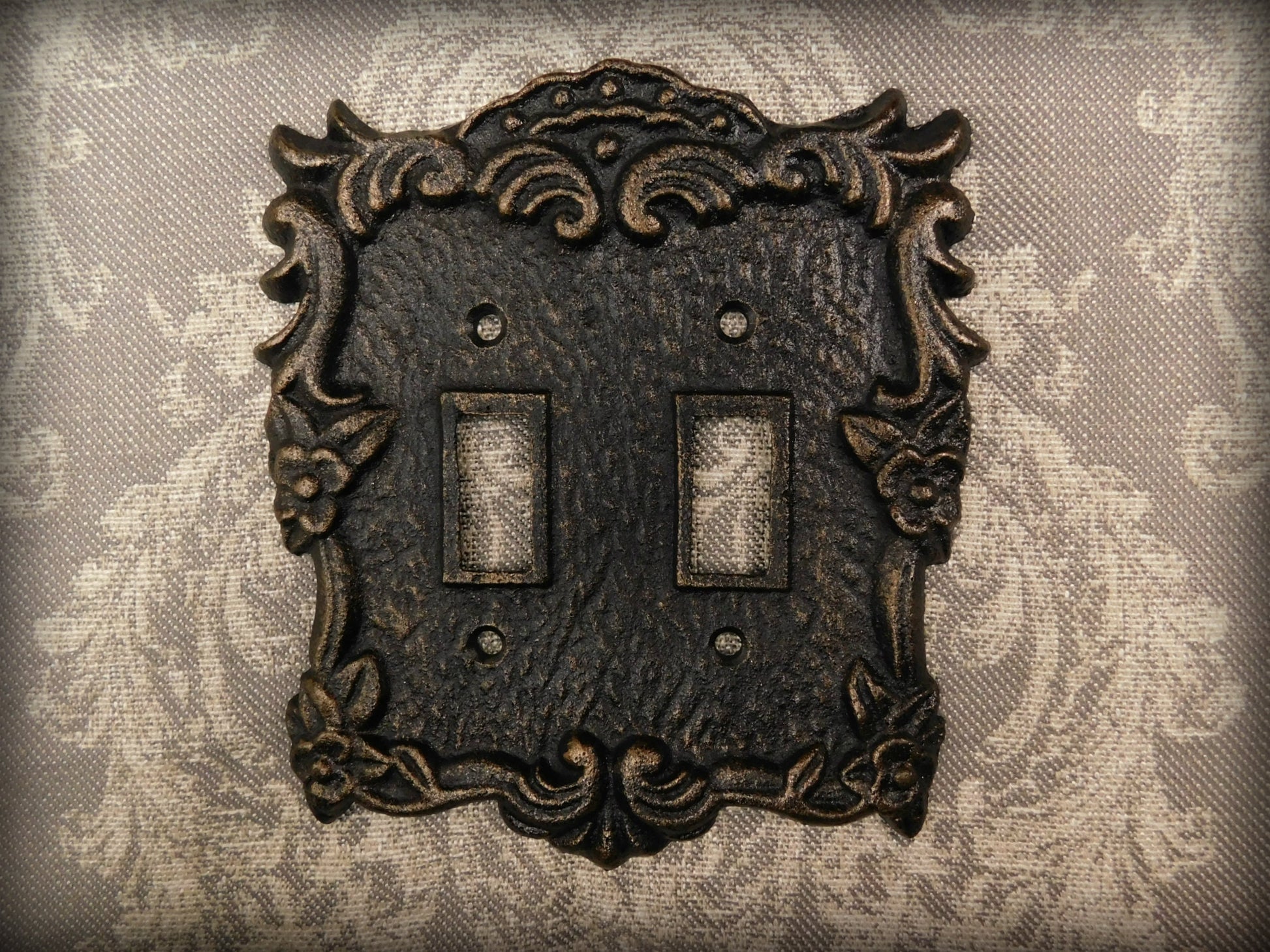 Ornate Double Toggle Light Switch Plate, PICK YOUR COLOR, Bathroom Wall Decor. Two Toggle Cast Iron Switch Plate Cover for Rustic Home Decor