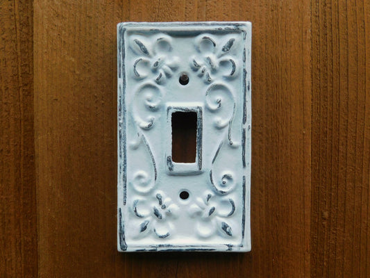 Single Toggle Light Switch Plate Cover, PICK YOUR COLOR, Shabby Chic, Metal Wall Decor, French Country Cottage, Rustic Cast Iron Decor