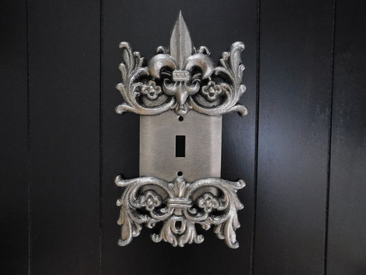 One Toggle Metal Light Switch Cover Plate - PICK YOUR COLOR - Single toggle Fleur de Lis switch cover. Original design. French Country