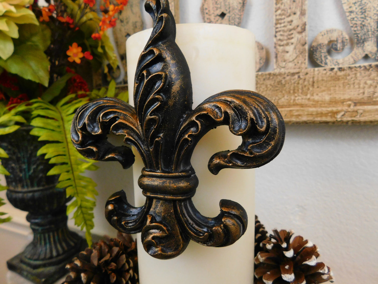 Fleur De Lis Candle Pin | PICK YOUR COLOR | Ornate Candle Pins, Fleur De Lis Decor, Entryway Table Decor Candle Jewelry Baptism Candle Favor