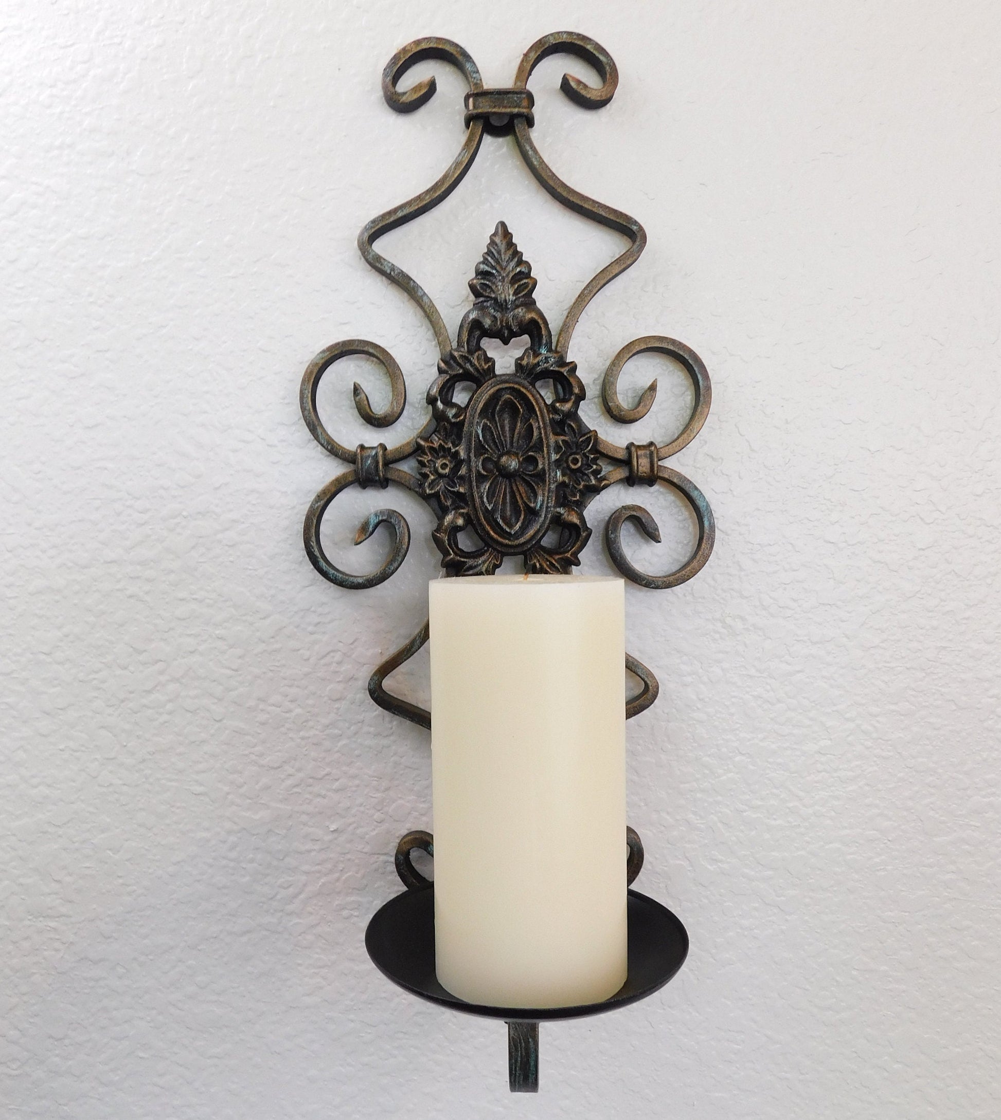 Wall Sconce, Medieval Decor, Pillar Candle Holder, Wrought Iron Wall Art, Metal Scroll Wall Decor