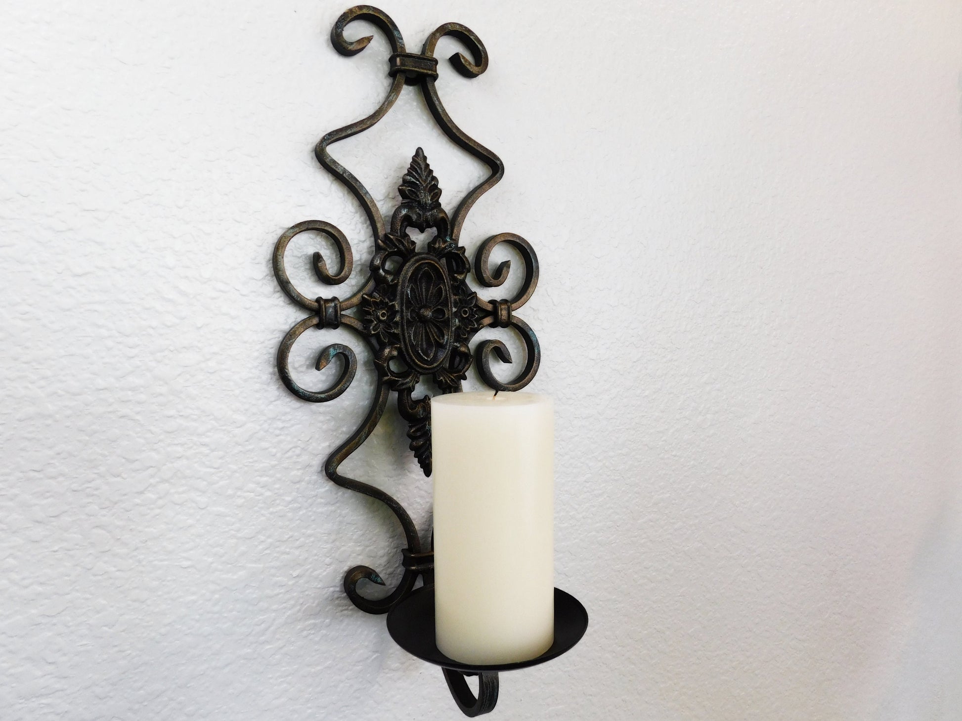 Wall Sconce, Medieval Decor, Pillar Candle Holder, Wrought Iron Wall Art, Metal Scroll Wall Decor