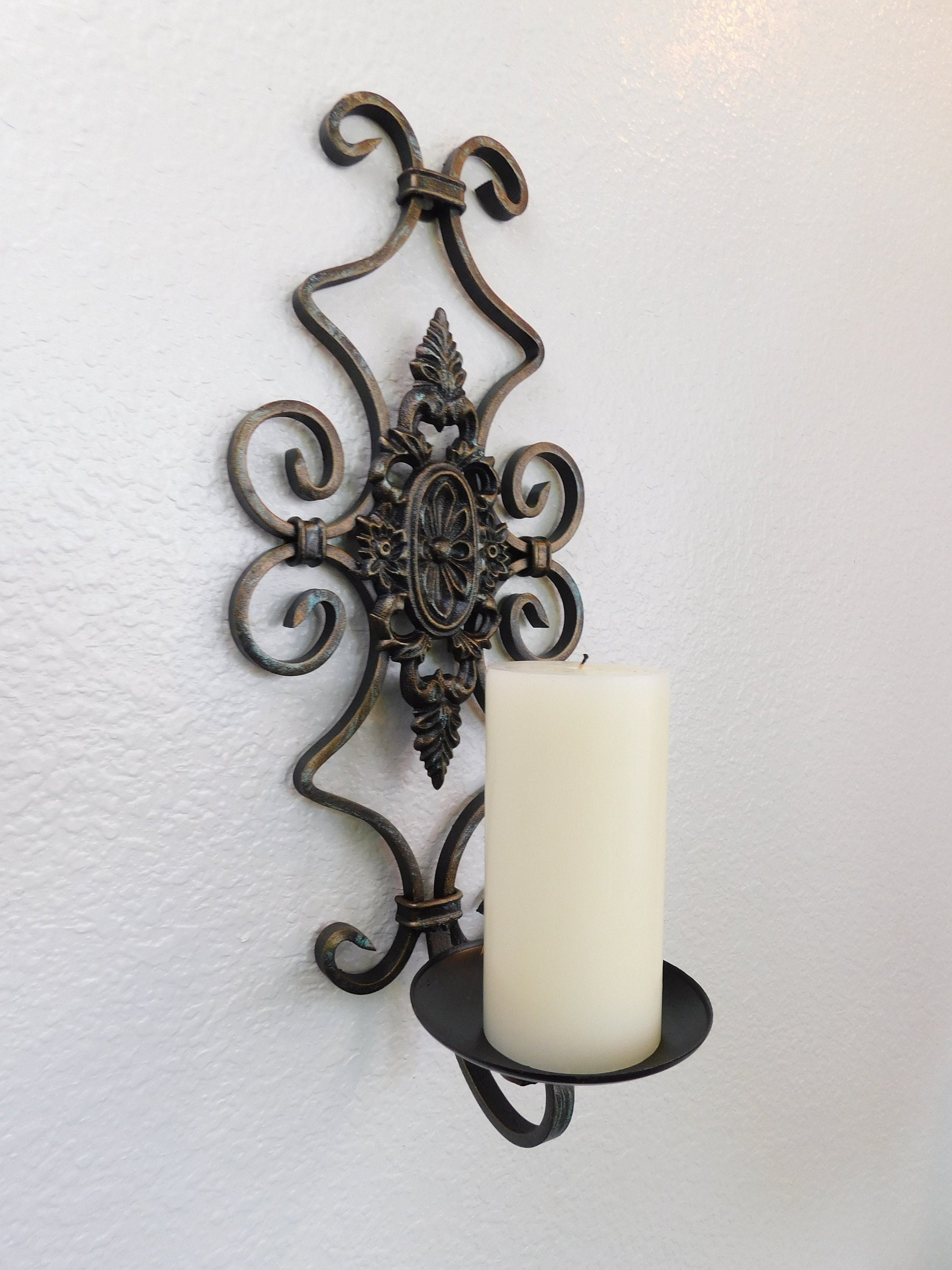 Wall Sconce, Medieval Decor, Pillar Candle Holder, Wrought Iron Wall Art, Metal Scroll Wall Decor