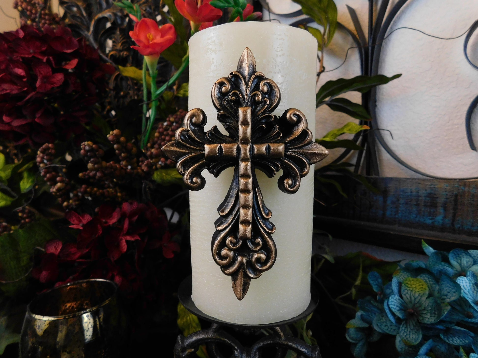 Set of 2 Cross Candle Pins - PICK YOUR COLOR - Old World / Tuscan / Medieval Decor | Crosses for Pillar Candles | FleurDeLisJunkie | Fleur