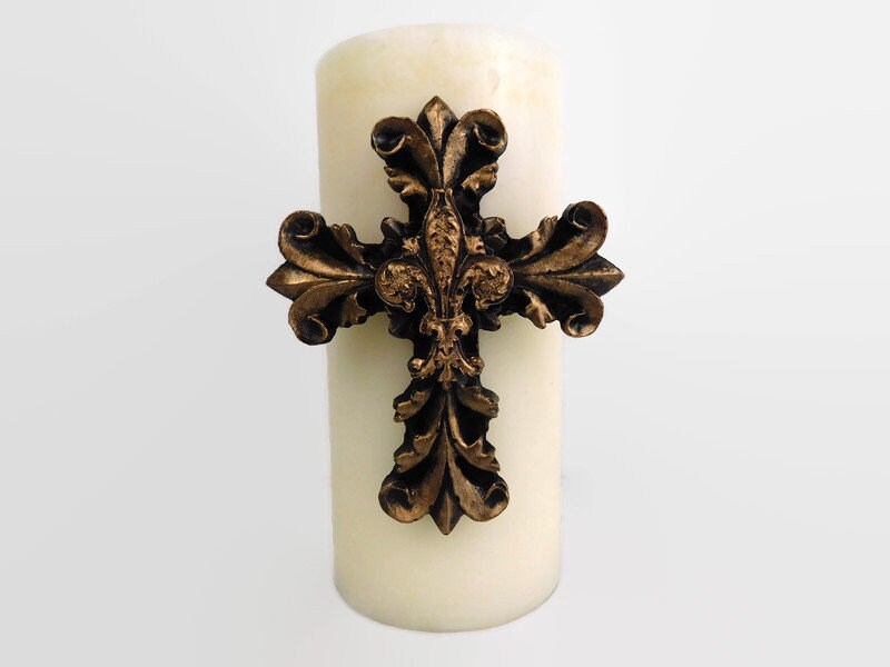 Cross Candle Pin with Fleur De Lis Center, PICK your COLOR, Baptism Gifts, Christian Home Decor, Crosses for Candles | FleurDeLisJunkie |