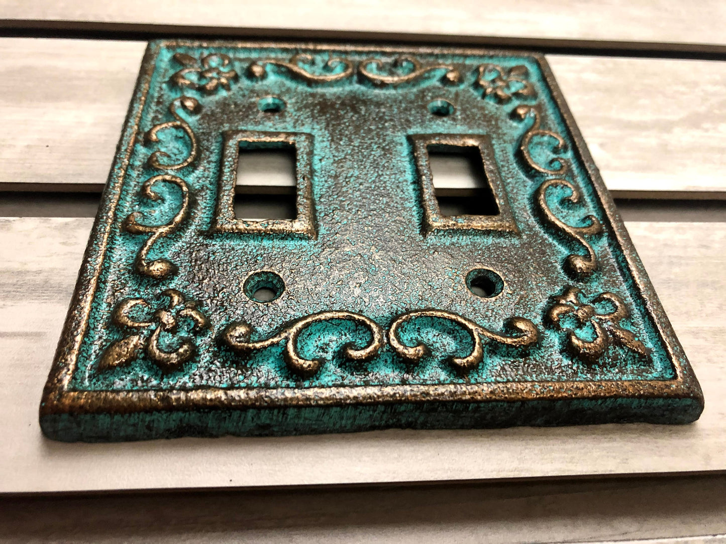 Double toggle Light Switch Plate Cover, PICK YOUR COLOR, Two toggle Cast Iron Switch Plate Cover, Wall Decor, Nursery Decor, Fleur de lis