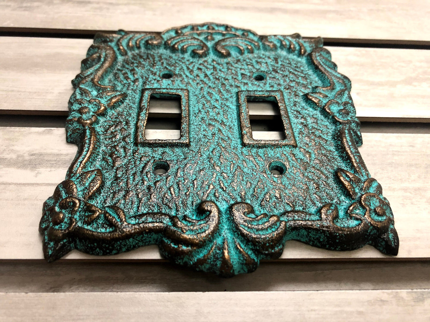 Ornate Double Toggle Light Switch Plate, PICK YOUR COLOR, Bathroom Wall Decor. Cast Iron Two Toggle Switch Plate Cover for Rustic Home Decor